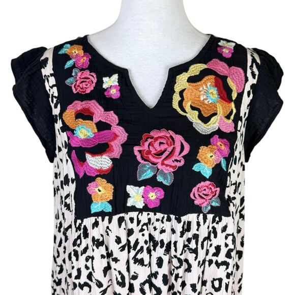 Savanna Jane Cheetah Print Flower Embroidered Mini Bohemian Tunic Shift Dress - Picture 5 of 12
